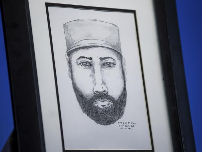 A sketch of a bearded man who the Royal Canadian Mounted Police say interacted with Lucas Fowler and Chynna Deese. Picture: Darryl Dyck/The Canadian Press via AP