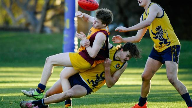 Zac Becker, tackling Mitch Guidera during a previous match between Scotch and St Michael’s, starred against St Peter’s on Saturday. Picture: AAP/Morgan Sette