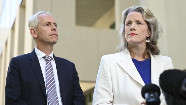 Home Affairs Minister Clare O’Neil and Immigration Minister Andrew Giles hold a press conference at Parliament House in Canberra. Picture: NCA NewsWire / Martin Ollman