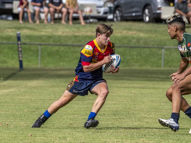 Josh Truscott, Western Mustangs and Vincent Pereira, Jets. Mal Meninga Cup, Western Mustangs vs Ipswich Jets. Saturday. 6th Feb 2021 Picture: Nev Madsen