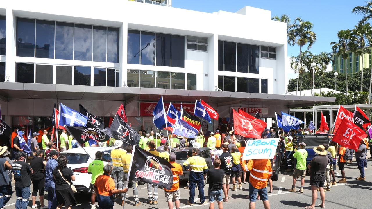 The Electrical Trades Union of Australia has joined with the CFMEU in a march up Lake St to Senator Nita Green's office last month in response to the union being placed in administration. Picture: Peter Carruthers