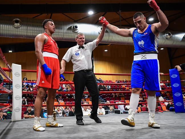 Justis Huni is declared the winner against Darius Lasotta during a German team visit to Queensland in August. Picture: Brian Cassidy.