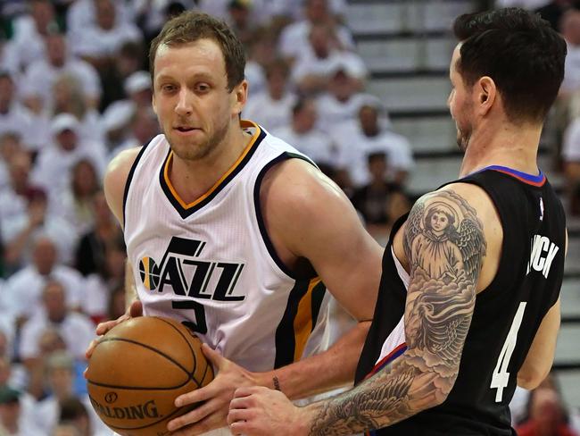 Joe Ingles #2 playing for the Utah Jazz in game three of the Western Conference quarterfinals.