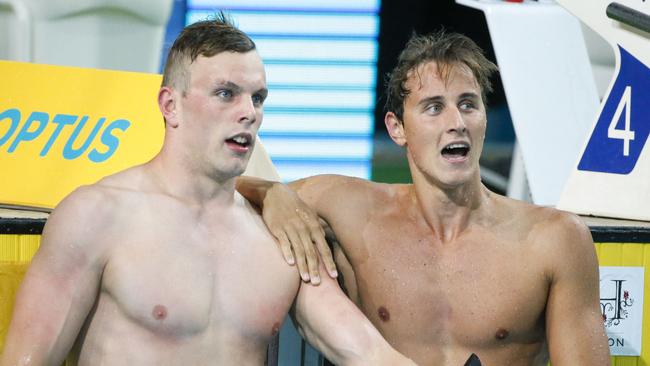 Cam McEvoy (right) after beating Kyle Chalmers in the 100m final at the Australian Swimming Championships.