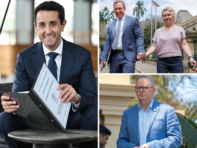 Clockwise from main: triumphant LNP leader David Crisafulli on Sunday; outgoing premier Steven Miles with his wife Kim; Anthony Albanese in Sydney. Picture: Lyndon Mechielsen, Lachie Millard, Simon Bullard / NewsWire