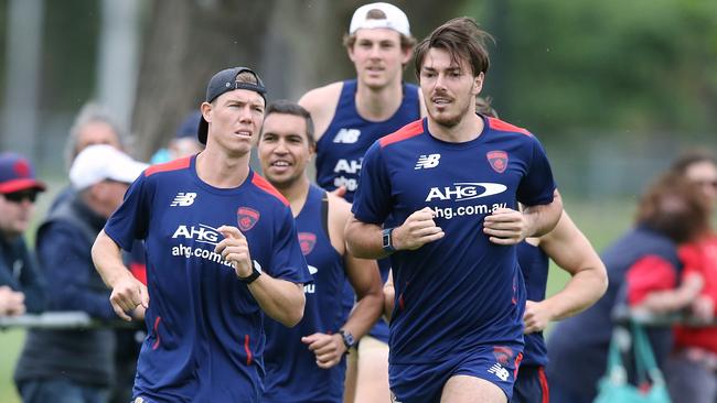 Bombers turned Demons Jake Melksham and Michael Hibberd. Picture: Wayne Ludbey