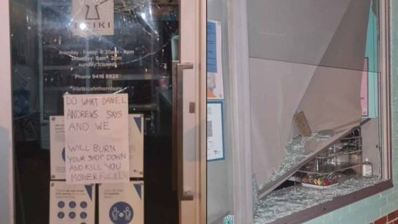 The smashed window at Briki Cafe in Thornbury. Picture: ABC News