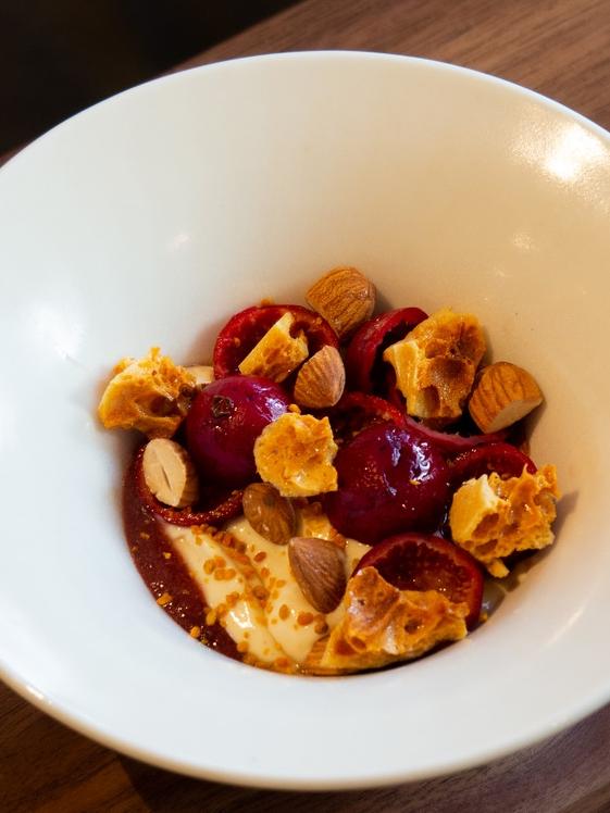 Quandong, custard, honeycomb and almonds at Press Food and Wine, Adelaide.