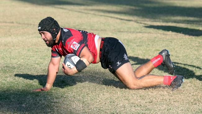 GCDRU First Grade (Phil Temperton Cup) Grand Final. Dolphins vs. Knights. Robert Ulaula scoring. 19 August 2023 Broadbeach Waters Picture by Richard Gosling