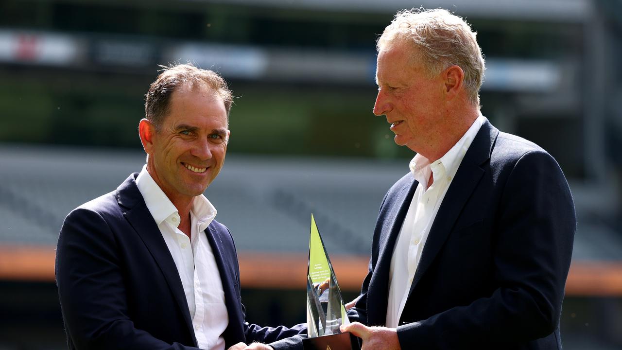 Justin Langer was all smiles at the MCG after receiving his award as a new member of Australian cricket’s Hall of Fame. Picture: Jonathan DiMaggio/Getty Images