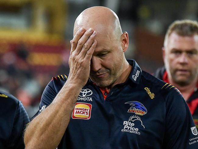 ADELAIDE, AUSTRALIA - APRIL 19:   Matthew Nicks, Senior Coach of the Crows  leave the ground after losing  the round six AFL match between Adelaide Crows and Essendon Bombers at Adelaide Oval, on April 19, 2024, in Adelaide, Australia. (Photo by Mark Brake/Getty Images)