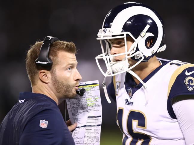 Head coach Sean McVay of the Los Angeles Rams speaks with quarterback Jared Goff. Picture: Getty Images