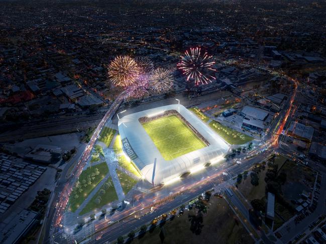 EMBARGOED UNTIL 10.30AM MONDAY, APRIL 30. Artist's impression of the proposed Dandenong Stadium for Team 11's southeast Melbourne A-League bid.