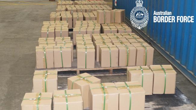 Australian Border Force (ABF) officers arrested two Malaysian nationals after detecting and preventing more than 1200kg of ephedrine from reaching illicit drug manufacturers and being used to produce ‘ice’. Picture: ABF