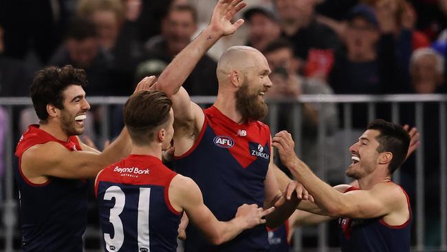 Max Gawn celebrates one of his five goals against Geelong. Picture: Getty Images