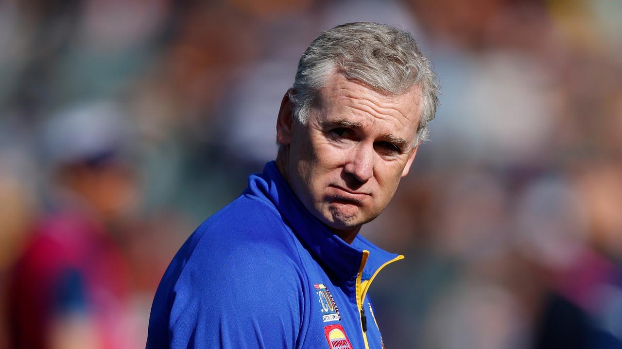 ADELAIDE, AUSTRALIA – APRIL 16: Adam Simpson, Senior Coach of the Eagles looks on during the 2023 AFL Round 05 match between the Geelong Cats and the West Coast Eagles at Adelaide Oval on April 16, 2023 in Adelaide, Australia. (Photo by Dylan Burns/AFL Photos via Getty Images)