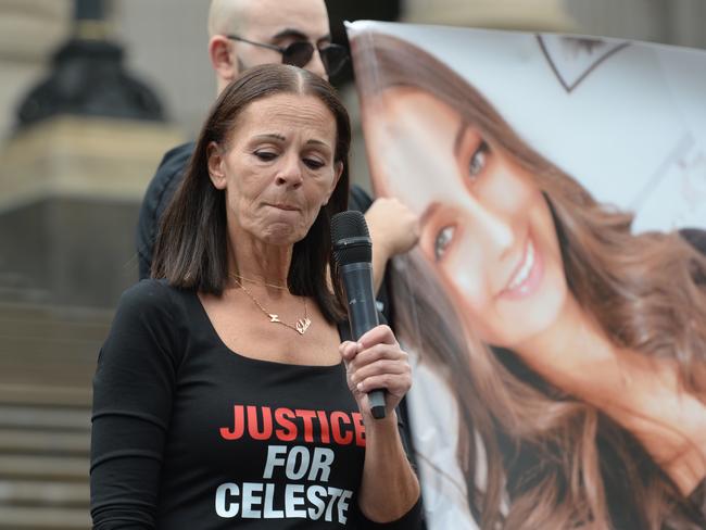 MELBOURNE, AUSTRALIA - NewsWire Photos MARCH 24, 2024: Celeste Manno's mother Aggie Di Mauro speaks at a rally outside Parliament House in Melbourne to call for justice for her daughter who was murdered in her Mernda home by a stalker in 2020. Picture: NCA NewsWire / Andrew Henshaw