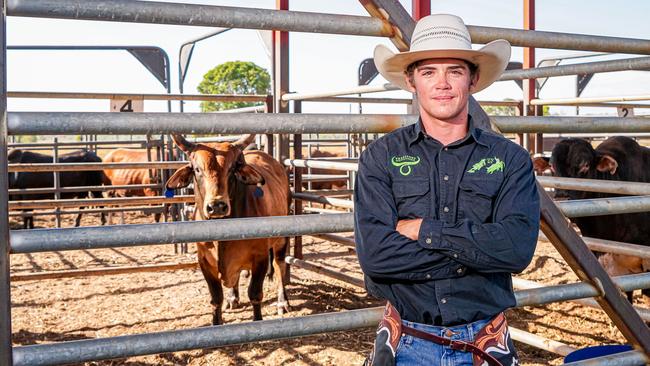 Rodeo competitor Ben Curriez with new Noonamah Tavern bucking bull Vengeance. Picture: Spokz Wheeler