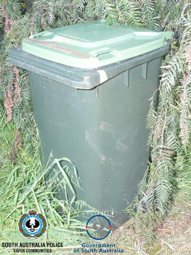 The green-waste wheelie bin Geoffrey McLean’s torso was found in on October 24, 2022. Picture: SA POLICE