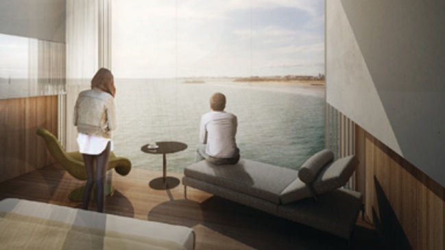 An artist’s impression of the view from a proposed hotel overlooking the water from a redeveloped Glenelg jetty. Picture: Mott MacDonald