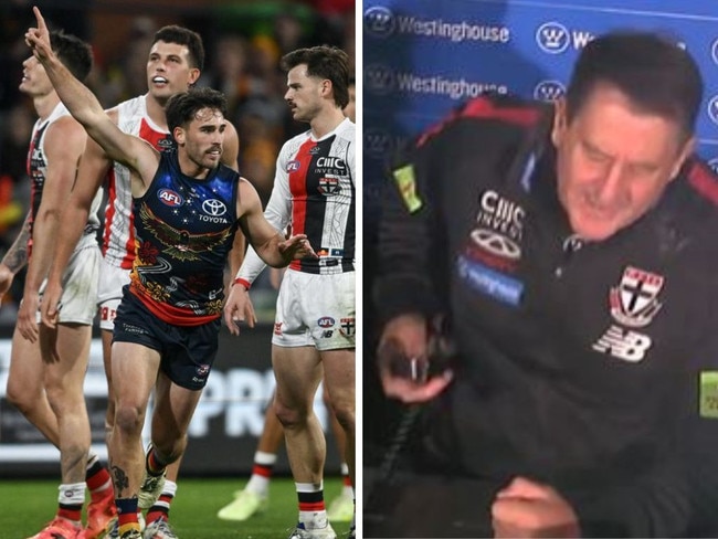 Ross Lyon reacts to an Adelaide goal. Photos: Getty Images/Fox Sports