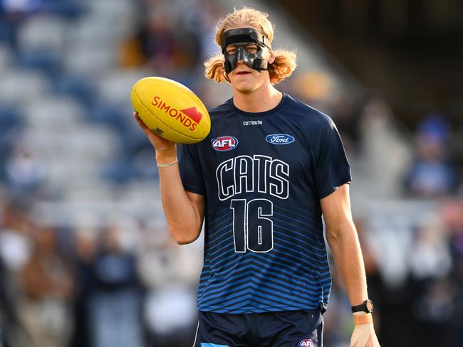 Sam De Koning wants to get rid of the mask that helped him back on field. Picture: Morgan Hancock/AFL Photos/via Getty Images
