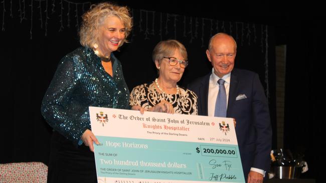 Former Hope Horizons general manager Jo Capp, Prior Sue Fox and past Prior Dr. Jeff Prebble at the Living Well with Hope dinner in July, 2024. Photo: Matt Ryan Photography