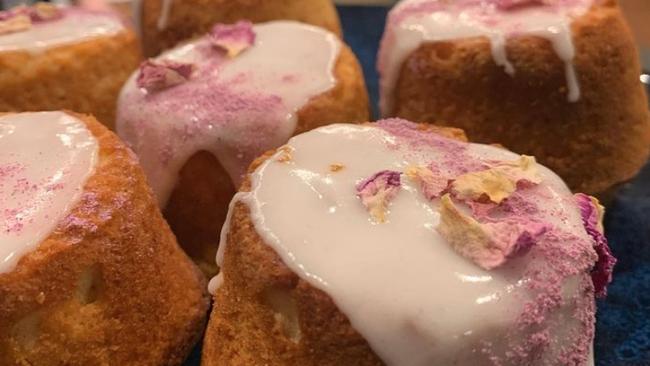 Gluten-free almond cakes with lemon icing and rose petals from Lil Piggy Mittagong.