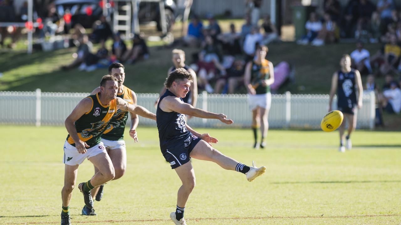 Jayden Smith kicks a goal for Coolaroo against Goondiwindi Hawks in AFL Darling Downs Allied Cup senior men grand final at Rockville Park, Saturday, September 2, 2023. Picture: Kevin Farmer