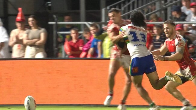 The ball had just been kicked by Harawira-Naera. Photo: Fox Sports