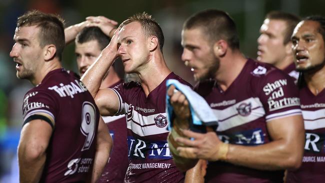 Daly Cherry-Evans and his Sea Eagles teammates react after a Panthers try. Picture: Cameron Spencer/Getty Images