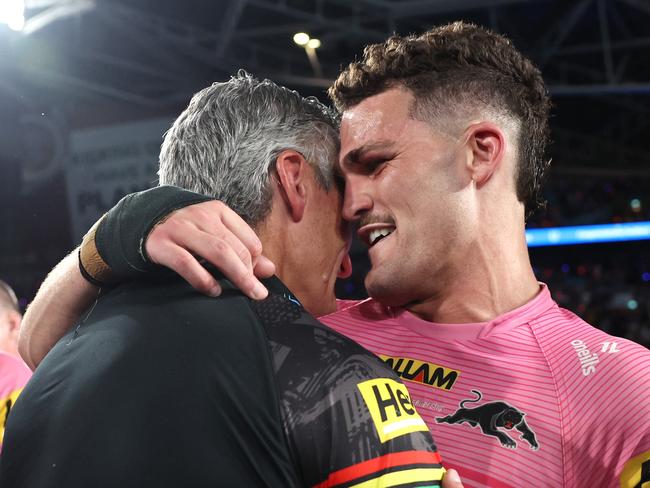 Nathan Cleary and father Ivan share a moment together after their fourth-straight grand final. Picture: Cameron Spencer/Getty Images