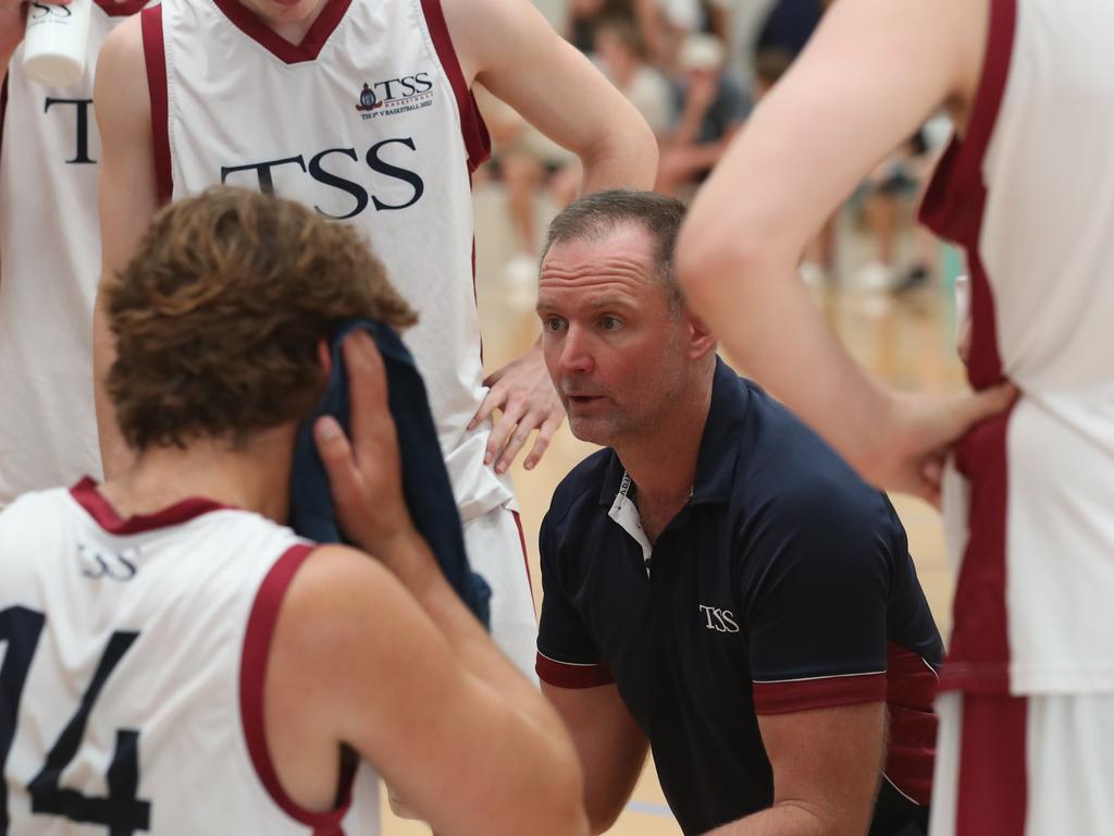 Basketball Australia Schools Championships at Carrara. Mens open final, Lake Ginninderra College Lakers V TSS (in white). Tss's coach talks to his players in the final. Picture Glenn Hampson