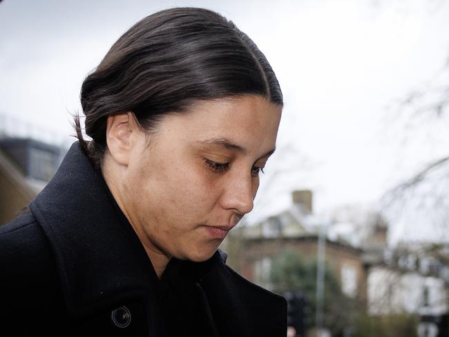 Australian footballer Sam Kerr arrives at Kingston-Upon-Thames Crown Court for day five of her trial. Picture: Getty Images