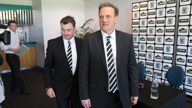 Keith Thomas after being appointed as Port Adelaide’s chief executive officer in 2011 with then president Brett Duncanson.