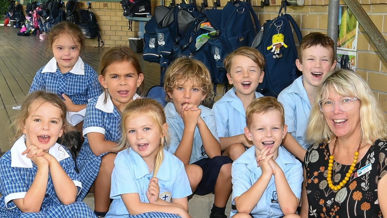 Saint John's Primary School Kindergarten class of 2023: Dorathea Ambrose, Jet Brydon, Mars Matthews, Marlon Mavay, Tanika Oldfield, Nhyri Parr, Piper Simpson, and Mrs. Ellie Bailey.