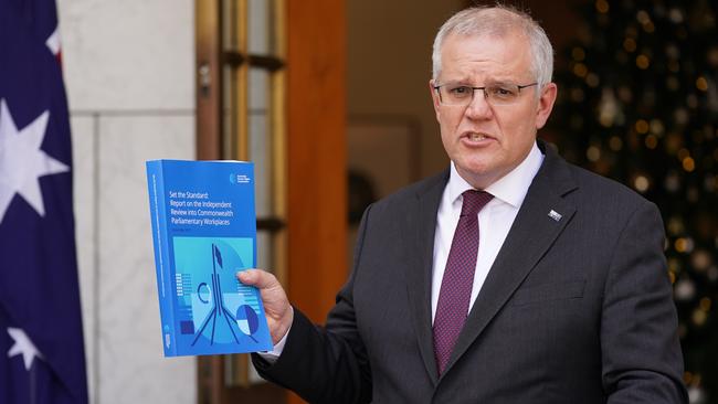 Prime Minister Scott Morrison with Kate Jenkins’ Independent Review of Commonwealth Parliamentary Workplaces. Picture: Adam Taylor