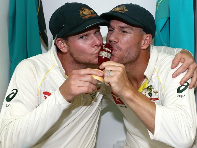 PERTH, AUSTRALIA - DECEMBER 18:  Steve Smith and David Warner of Australia celebrate in the changerooms after Australia regained the Ashes during day five of the Third Test match during the 2017/18 Ashes Series between Australia and England at WACA on December 18, 2017 in Perth, Australia.  (Photo by Ryan Pierse/Getty Images) *** BESTPIX ***