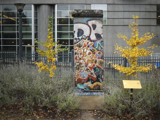 A section of the Berlin Wall rests outside the European parliament in Brussels. Picture: AP Photo/Francisco Seco.