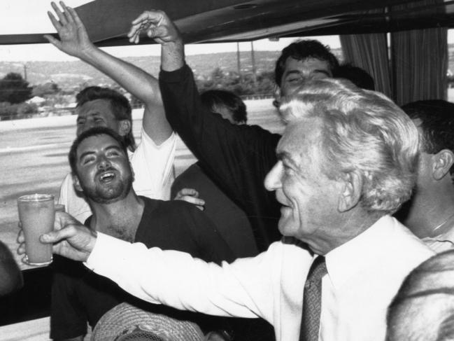 Prime Minister Bob Hawke holds court in the bar at the Edwardstown Football Club clubrooms in March 1990.