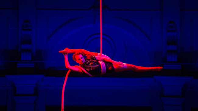 White Night Melbourne 2016. A performer on the Circus Circus stage in the Melbourne Museum Plaza. Photo: Supplied