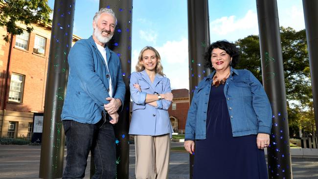 Adelaide Festival Of Ideas guest curators John Carty, Isobel Marshall and Kirstie Parker at the University of Adelaide. Picture: Dean Martin