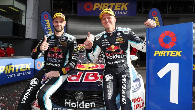 Shane van Gisbergen and Garth Tander celebrate their Bathurst 1000 win.