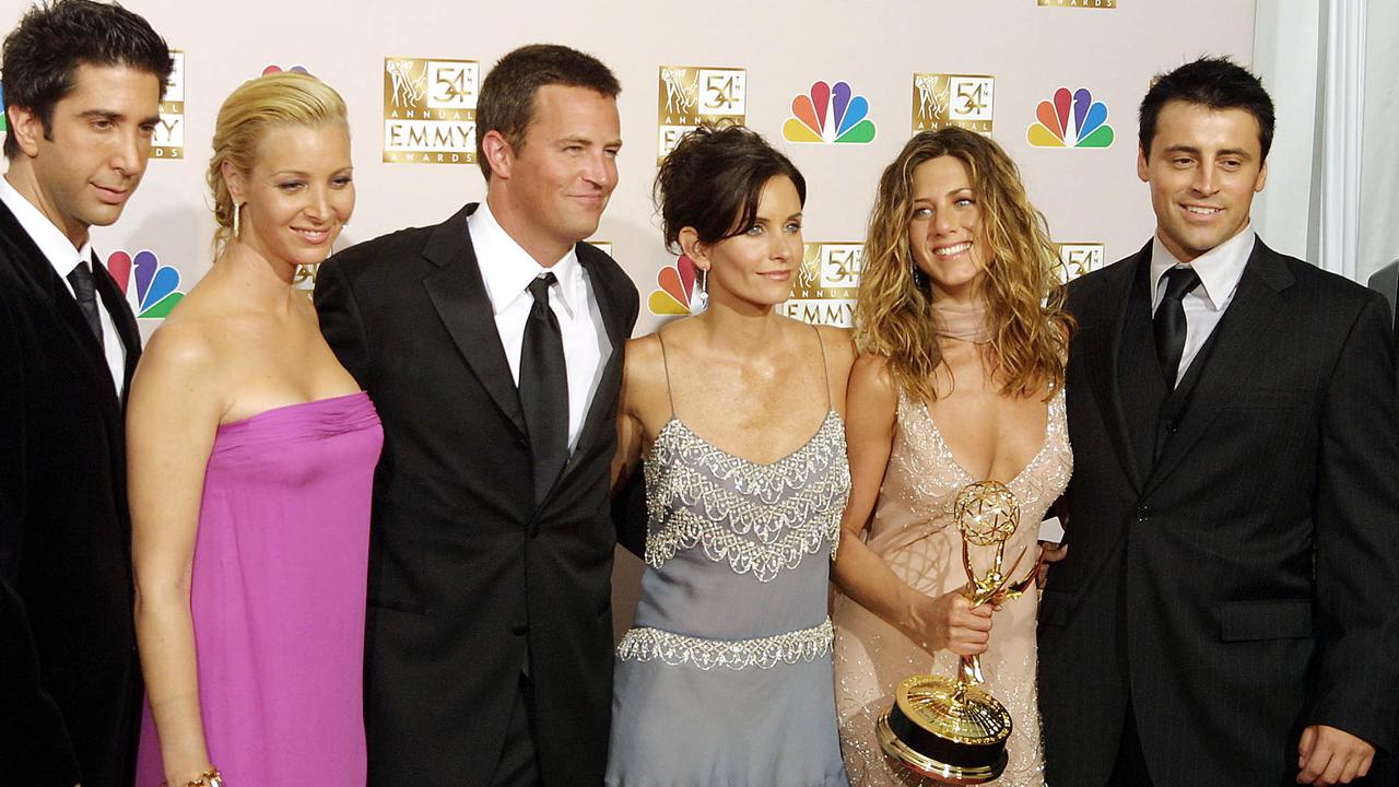 Matthew Perry with his Friends co-stars, David Schwimmer, Lisa Kudrow, Courteney Cox, Jennifer Aniston and Matt LeBlanc. Picture: AFP