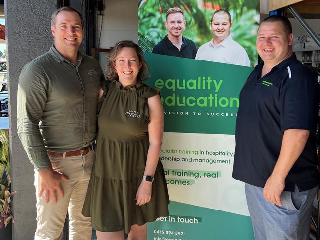 Coffee Presto owners Luke Guazzo and Kristy-lee Guazzo have partnered with Equality Education director Arthur Burchett to get good outcomes for the community. Picture: Supplied.