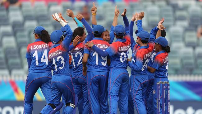 Shining on the big stage … Thai players celebrate during their opening clash with the West Indies. Picture: Getty