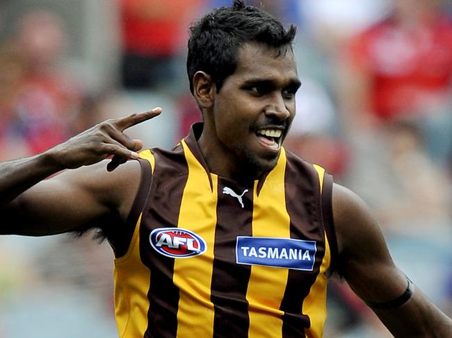 Melbourne v Hawthorn. MCG. Carl Peterson celebrates his first goal in the AFL