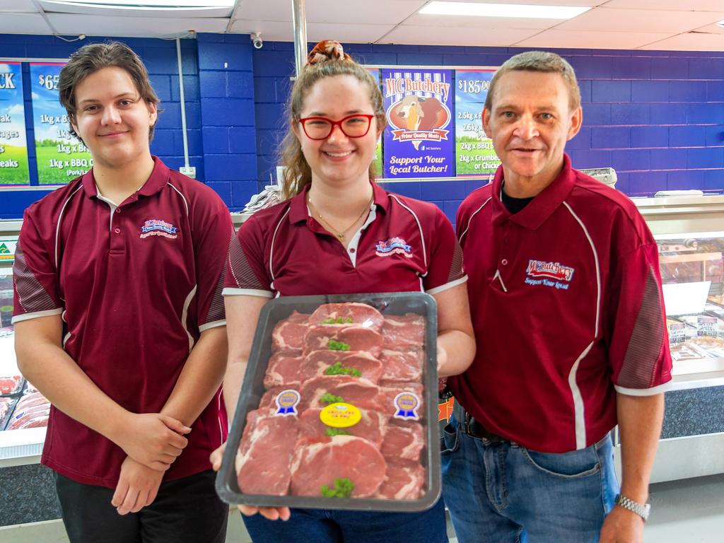 MC Butchery employees Lync Gilmore, Jasmine Oats and Derek Cidorious display product examples. Picture: Daryl Wright