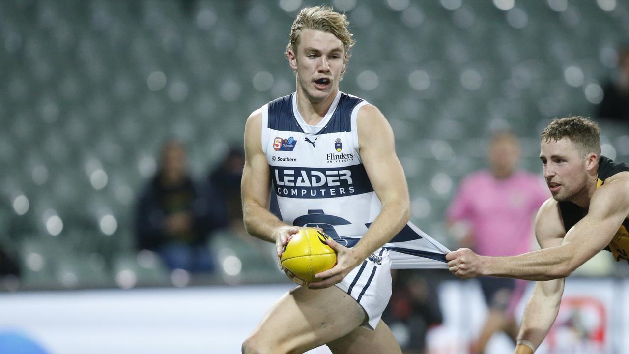 Jason Horne-Francis running into an open goal was stopped by a desperate Dylan Landt (Picture: SANFL)