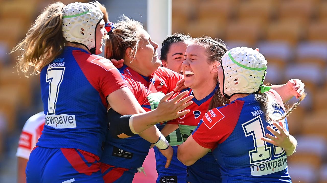 Knights celebrate a Tamika Upton try. Picture: Albert Perez/Getty Images